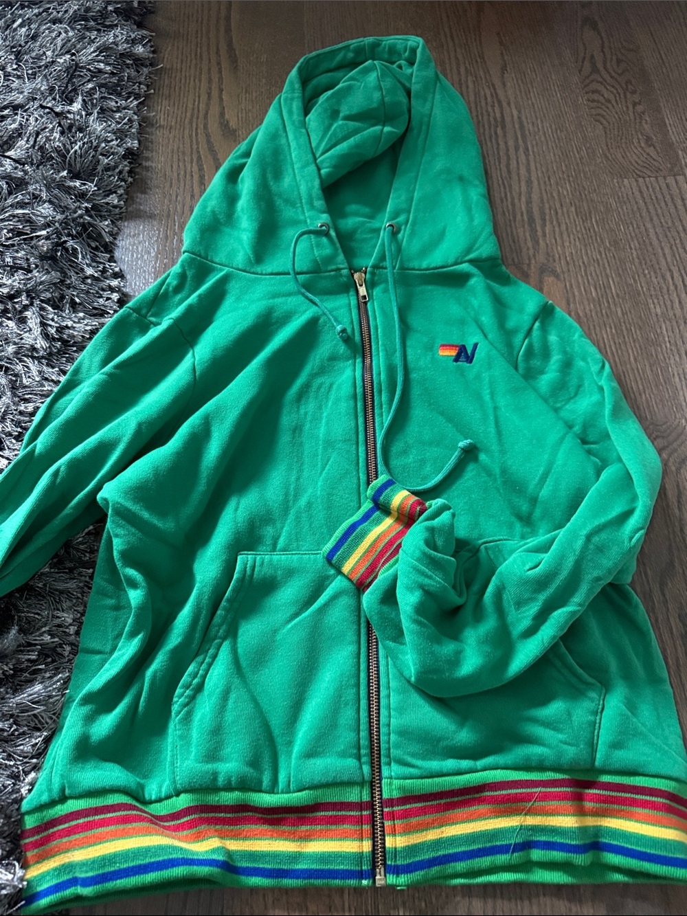 Aviator Nation Green Zip Hoodie with Rainbow Trim